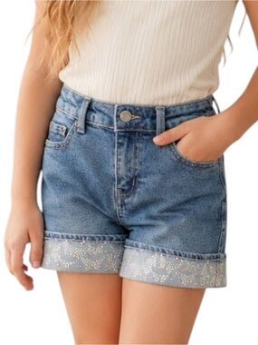 Tractr Girls Denim Shorts Size 7 Blue Rhinestone Butterfly Cuffed Hem NWT